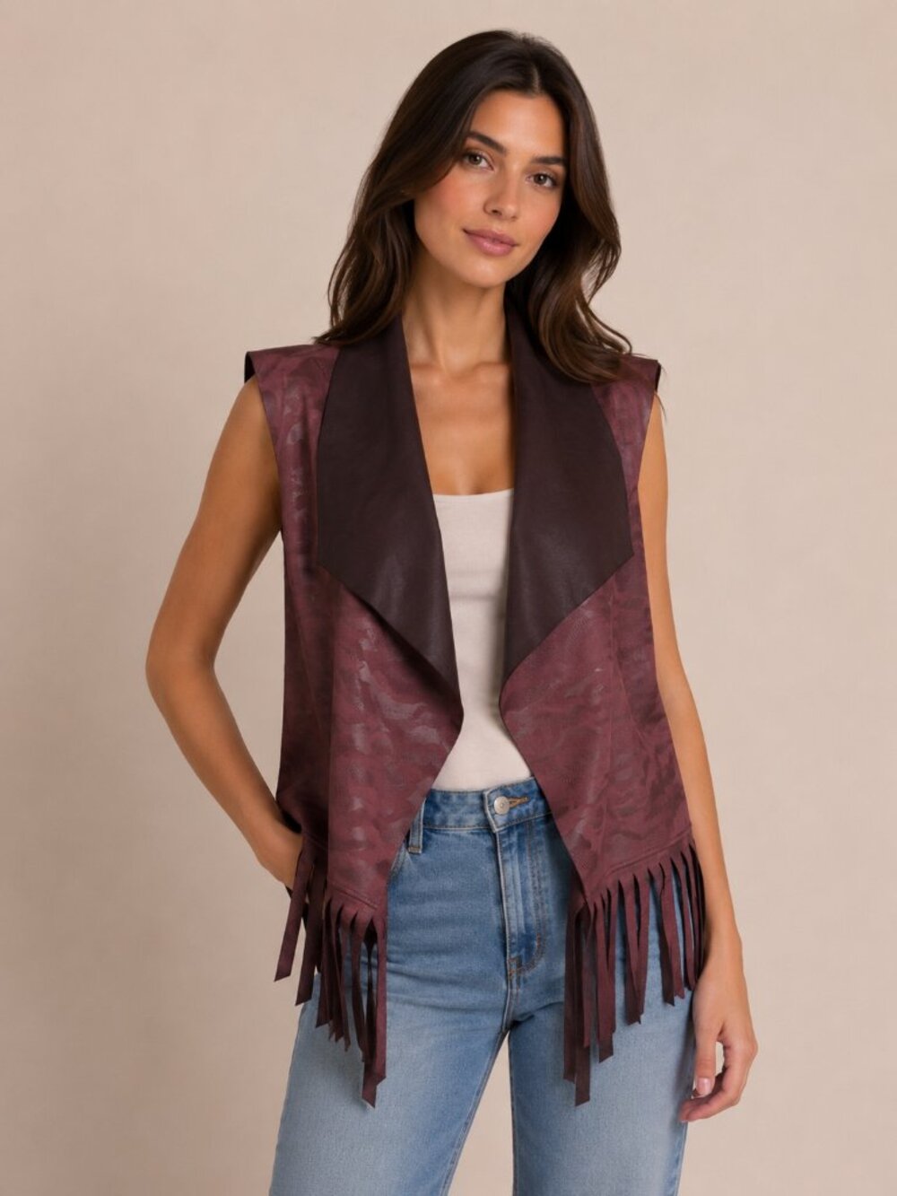 Burgundy Brown Fringe Vest Open Front Boho Western Festival Style